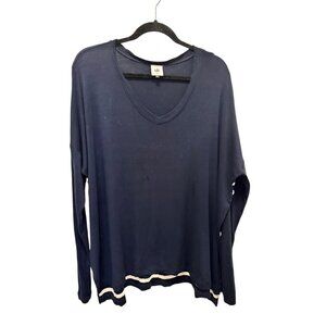 Cabi Navy & White Striped Long Sleeve V-Neck Top L